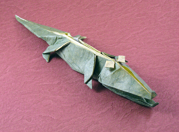 Origami Alligator by Jun Maekawa. Wet-folded from a square of double-sided Unryu paper by Gilad Aharoni on giladorigami.com