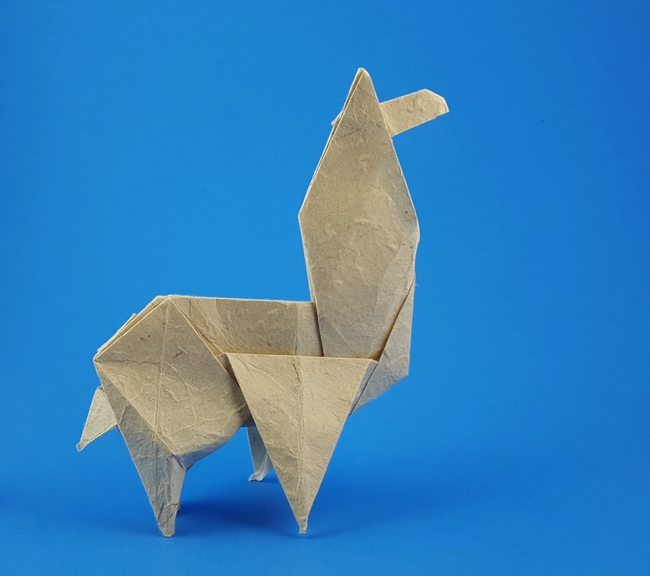 Origami Alpaca by Fumiaki Kawahata. Folded from a square of lokta by Gilad Aharoni on giladorigami.com