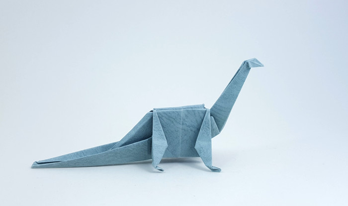 Origami Apatosaurus by Takai Hiroaki. Folded from a square of Golden River Leather paper by Gilad Aharoni on giladorigami.com