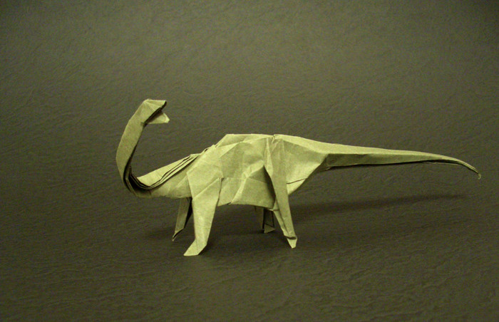Origami Barosaurus by Satoshi Kamiya. Folded from a square of Trimaco masking paper by Gilad Aharoni on giladorigami.com