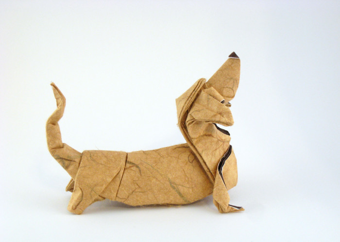 Origami Basset hound by Quentin Trollip. Wet-folded from a square of double-sided mulberry paper by Gilad Aharoni on giladorigami.com