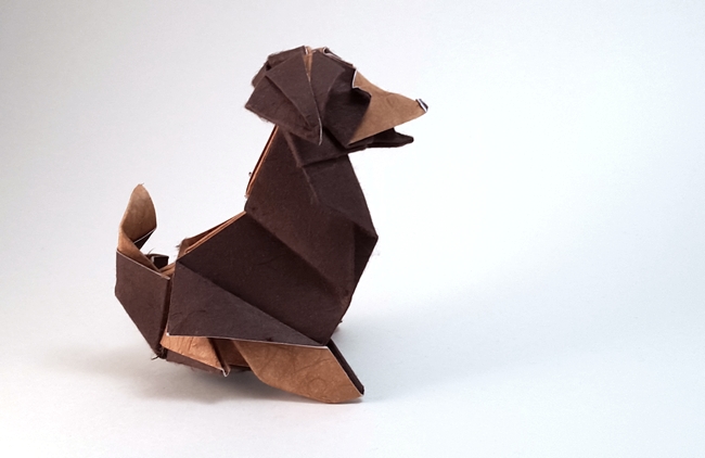 Origami Beagle by Roman Diaz. Folded from a square of double-sided mulberry paper by Gilad Aharoni on giladorigami.com