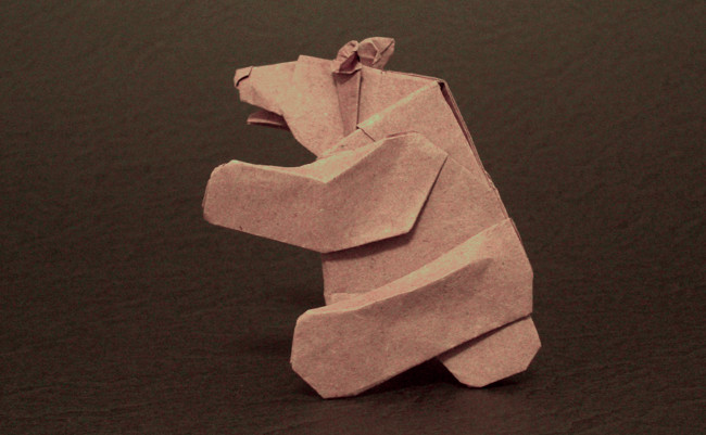Origami Bear - sitting by Cesar Gonzales. Folded from a square of thin wrapping paper by Gilad Aharoni on giladorigami.com