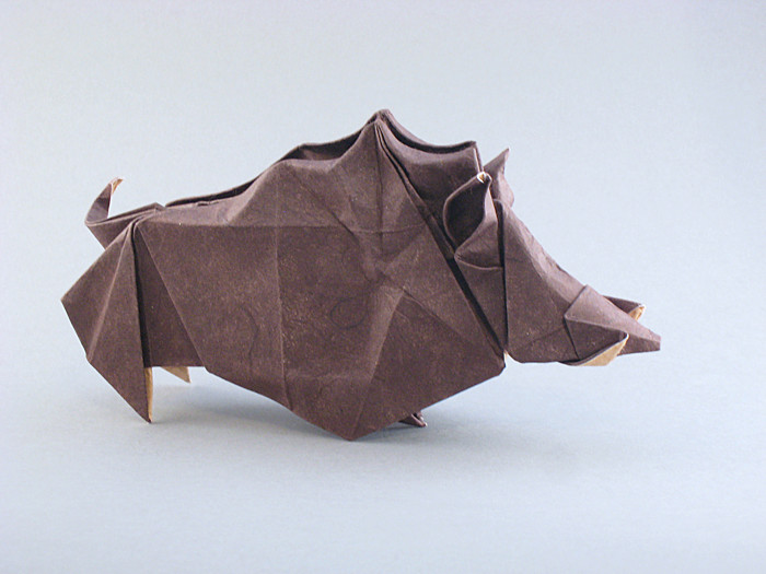 Origami Wild boar by Roman Diaz. Wet-folded from a square of double-sided mulberry paper by Gilad Aharoni on giladorigami.com