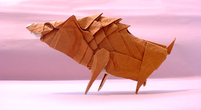 Origami Wild boar by Issei Yoshino. Folded from a square of rice paper+foil by Gilad Aharoni on giladorigami.com