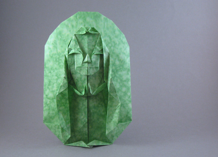 Origami Image of Buddha having a halo by Kawai Toyoaki. Wet-folded from a square of tie-died paper by Gilad Aharoni on giladorigami.com