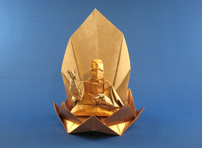 Origami Buddha by Hojyo Takashi. Folded from a square of Nicolas Terry's tissue-foil by Gilad Aharoni on giladorigami.com