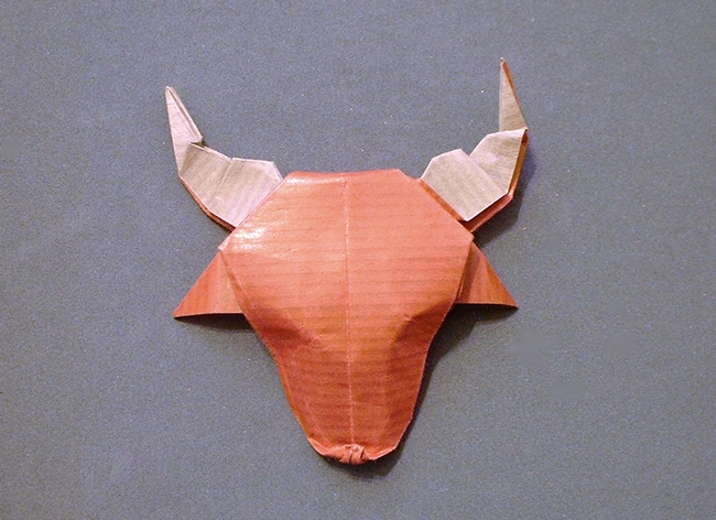 Origami Bull's head by Alfredo Giunta. Folded from a square of Kraft origami paper by Gilad Aharoni on giladorigami.com