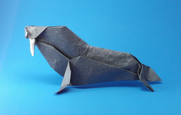 Origami Bull walrus by John Szinger. Folded from a square of Crinkle Charcoal scrapbooking paper by Gilad Aharoni on giladorigami.com