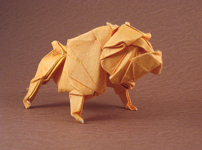 Origami Bulldog by Quentin Trollip. Wet-folded from a square of double-sided mulberry paper by Gilad Aharoni on giladorigami.com