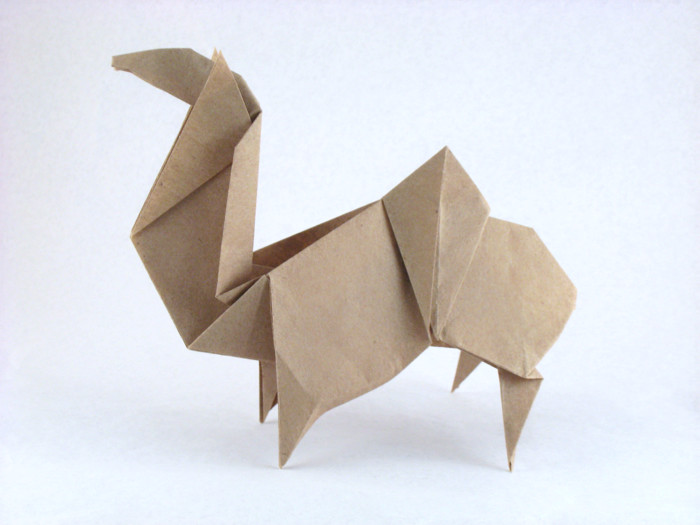 Origami Camel by Kunihiko Kasahara. Folded from a rectangle of Trimaco masking paper by Gilad Aharoni on giladorigami.com