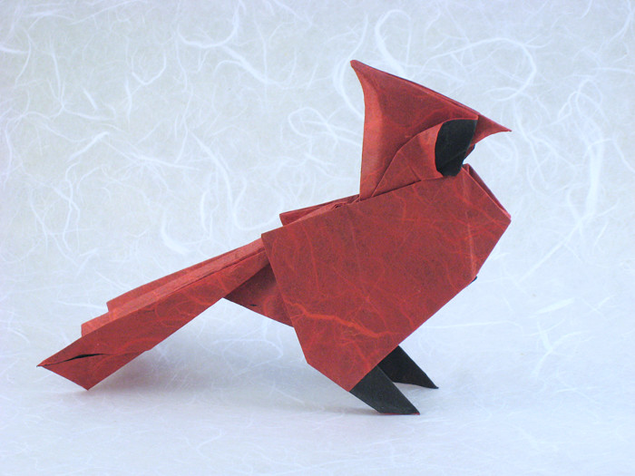 Origami North American Cardinal by Roman Diaz. Folded from a square of double-sided Unryu paper by Gilad Aharoni on giladorigami.com