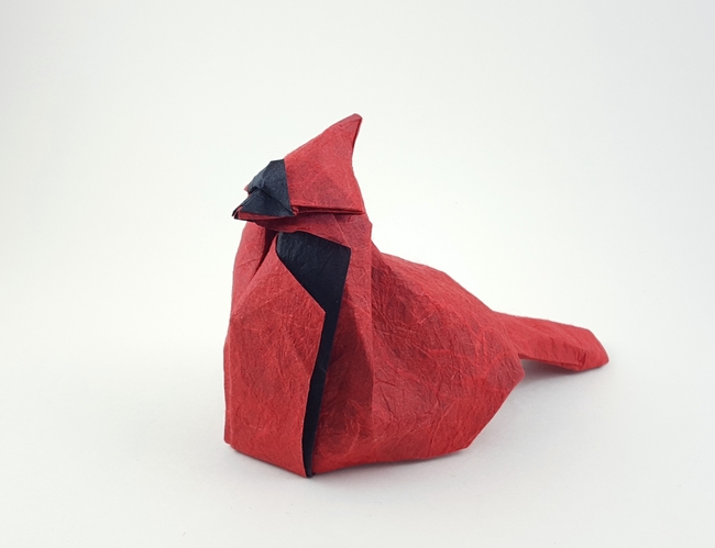 Origami Cardinal by Ichiro Kinoshita. Folded from a square of Duo Thai paper by Gilad Aharoni on giladorigami.com