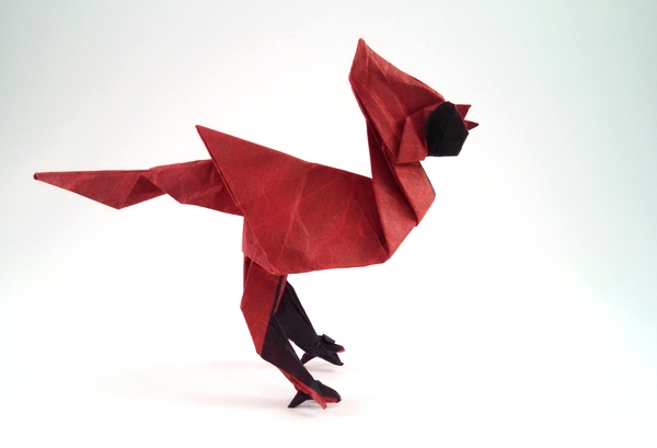 Origami Cardinal by Sebastien Limet (Sebl). Folded from a square of double-sided Unryu paper by Gilad Aharoni on giladorigami.com