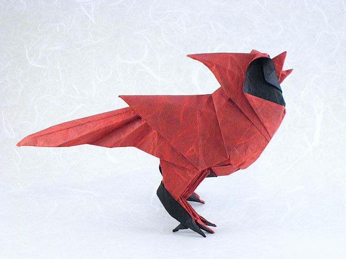 Origami North American Cardinal - singing by Roman Diaz. Folded from a square of double-sided Unryu paper by Gilad Aharoni on giladorigami.com