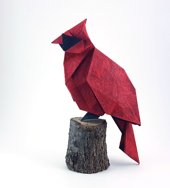 Origami Cardinal by Yoo Tae Yong. Folded from a square of Duo Thai paper by Gilad Aharoni on giladorigami.com