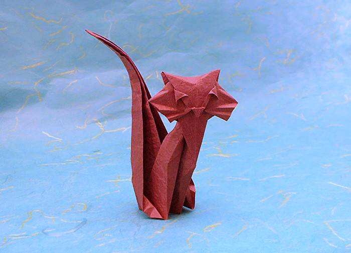 Origami Cat by Roman Diaz. Folded from a $ proportioned rectangle of Vietnamese wrapping-paper by Gilad Aharoni on giladorigami.com