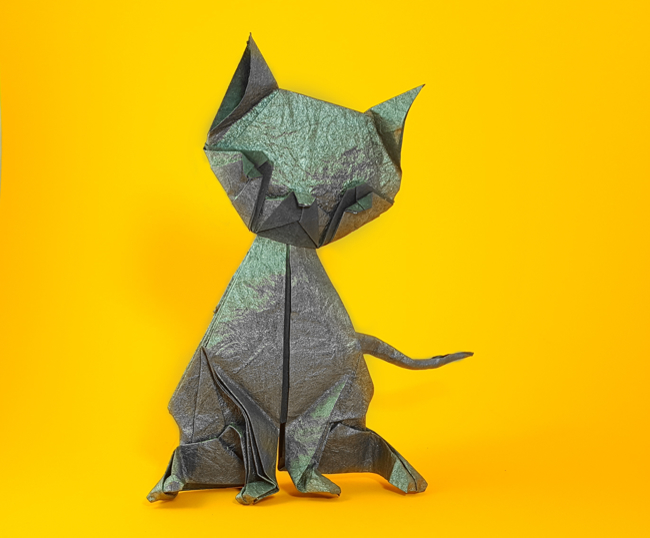 Origami Cat by Zhen-Ming Huang. Folded from 2 squares of Crinkle Charcoal scrapbooking paper by Gilad Aharoni on giladorigami.com