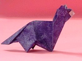Origami Cat by Kunihiko Kasahara. Folded from a square of patterned origami paper by Gilad Aharoni on giladorigami.com