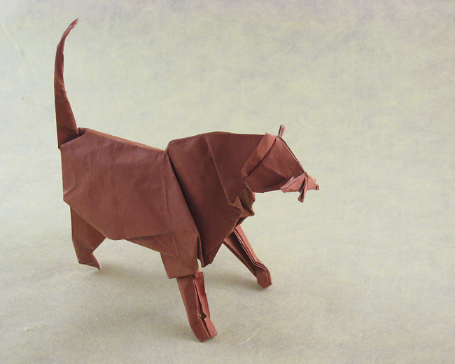 Origami Cat by Fumiaki Kawahata. Folded from a square of painted Trimaco paper by Gilad Aharoni on giladorigami.com