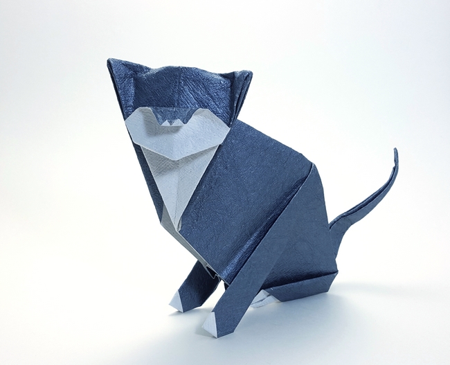 Origami Cat by Michael G. LaFosse. Folded from a square of crinckle charcoal scrapbooking paper by Gilad Aharoni on giladorigami.com