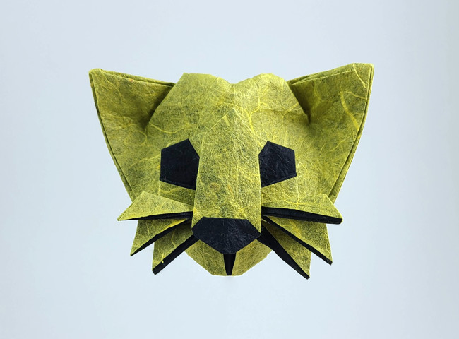 Origami Cat mask by Quentin Trollip. Folded from a square of Duo Thai origami paper by Gilad Aharoni on giladorigami.com