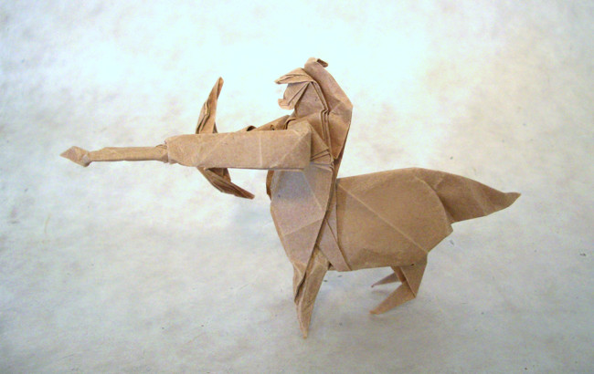 Origami Centaur by Fernando Gilgado Gomez. Folded from a square of thin wrapping-paper by Gilad Aharoni on giladorigami.com