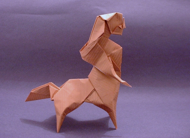 Origami Centaur by Kunihiko Kasahara. Folded from a square of gold wrapping paper by Gilad Aharoni on giladorigami.com