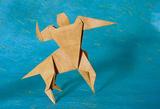 Origami Centaur by Fumiaki Kawahata. Wet-folded from 2 squares of origami paper by Gilad Aharoni on giladorigami.com