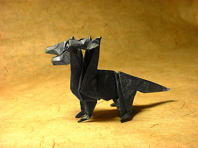 Origami Cerberus by John Montroll. Folded from a square of Vietnamese wrapping-paper by Gilad Aharoni on giladorigami.com