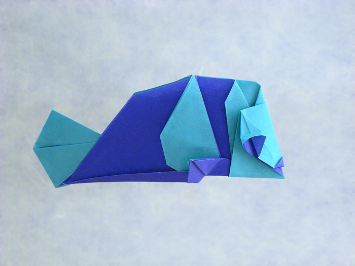Origami Cheerful fish by Katrin Shumakov. Folded from a square of duo origami paper by Gilad Aharoni on giladorigami.com