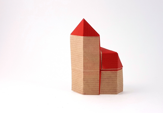 Origami Church 1 by Stefan Delecat. Folded from a square of Kraft origami paper by Gilad Aharoni on giladorigami.com