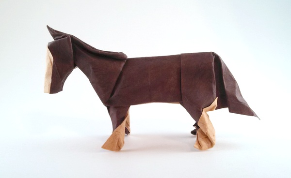 Origami Clydesdale by John Montroll. Wet-folded from a square of double-sided mulberry paper by Gilad Aharoni on giladorigami.com