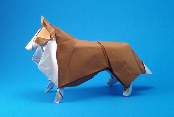 Origami Collie by Nicolas Gajardo Henriquez. Folded from a square of Tant paper by Gilad Aharoni on giladorigami.com