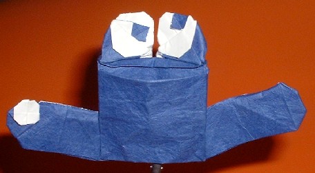 Origami Cookie monster by Robin Glynn. Folded from a square of rice paper backcoated with origami paper by Gilad Aharoni on giladorigami.com