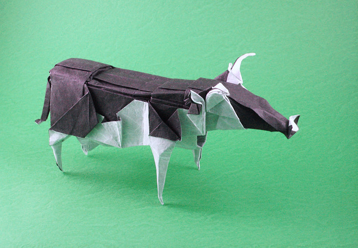 Origami Cow by Fumiaki Kawahata. Folded from a square of double-sided Unryu paper by Gilad Aharoni on giladorigami.com