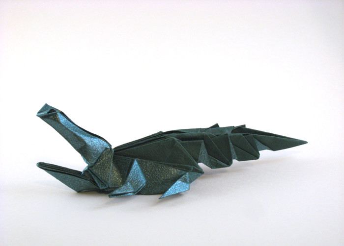 Origami Crocodile by Patricio Kunz Tomic. Folded from a square of bubble-texture paper by Gilad Aharoni on giladorigami.com