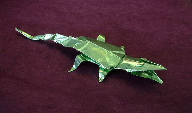 Origami Crocodile by John Montroll. Folded from a square of American foil by Gilad Aharoni on giladorigami.com