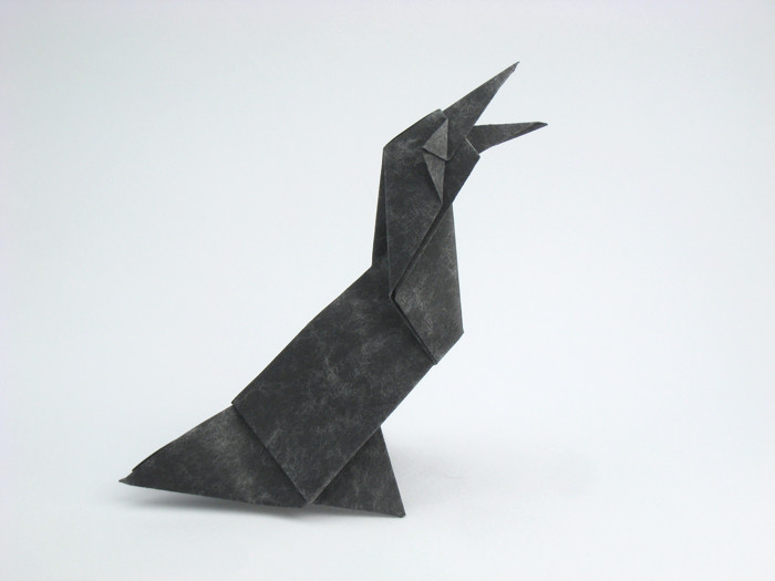 Origami Crow - Crowing by Kunihiko Kasahara. Folded from a square of marble origami paper by Gilad Aharoni on giladorigami.com