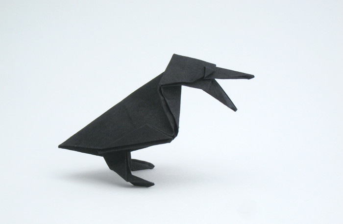 Origami Crow by Kunihiko Kasahara. Folded from a square of lokta by Gilad Aharoni on giladorigami.com