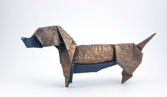 Origami Dachshund by Meng Weining (212moving). Folded from a square of scrapbooking paper by Gilad Aharoni on giladorigami.com
