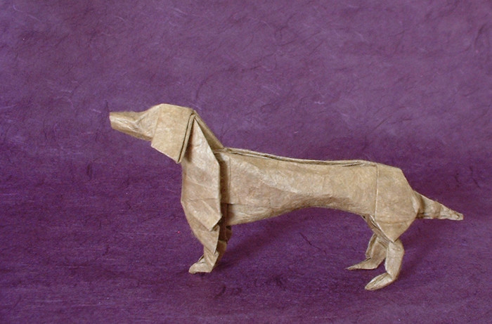 Origami Dachshund by John Montroll. Folded from a square of Lokta paper by Gilad Aharoni on giladorigami.com