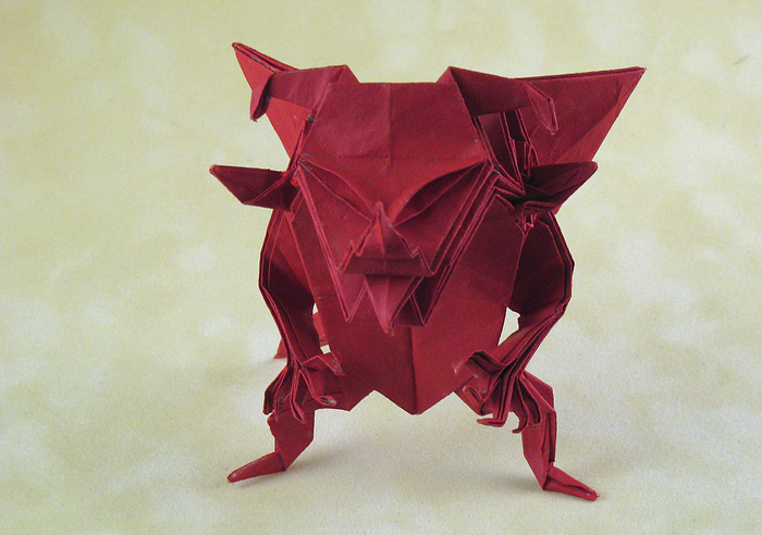 Origami Devil by Jun Maekawa. Folded from a square of Trimaco masking paper (painted) by Gilad Aharoni on giladorigami.com