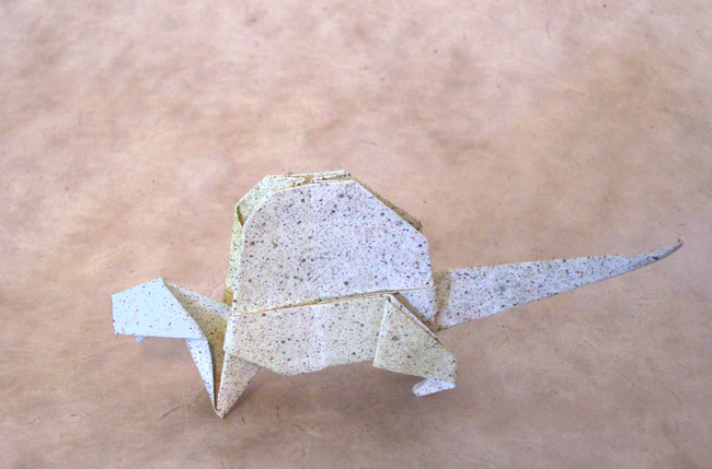 Origami Dimetrodon by Yamada Katsuhisa. Folded from a square of scrapbooking paper by Gilad Aharoni on giladorigami.com