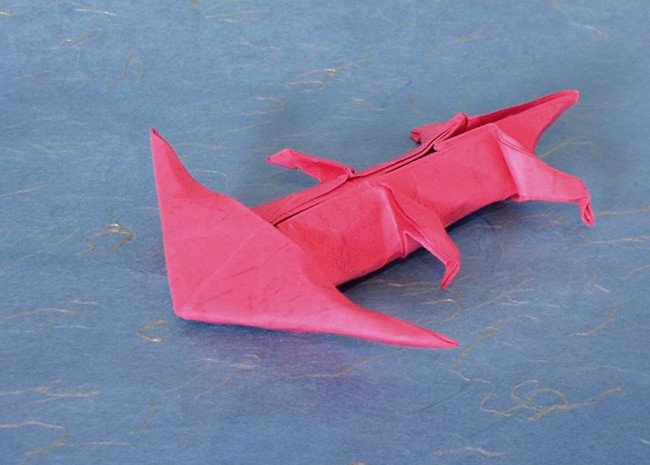 Origami Diplocaulus by Fumiaki Kawahata. Folded from a square of Golden River Leather paper by Gilad Aharoni on giladorigami.com
