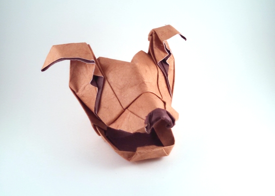 Origami Dog head by Lan Ying. Folded from a square of double-sided mulberry paper by Gilad Aharoni on giladorigami.com