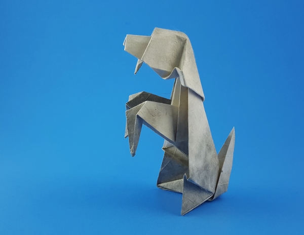 Origami Dog - sitting by Kawai Toyoaki. Folded from a square of Lokta paper by Gilad Aharoni on giladorigami.com