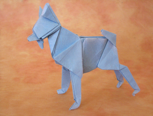 Origami Dog by Miyajima Noboru. Folded from a square of unryu paper by Gilad Aharoni on giladorigami.com