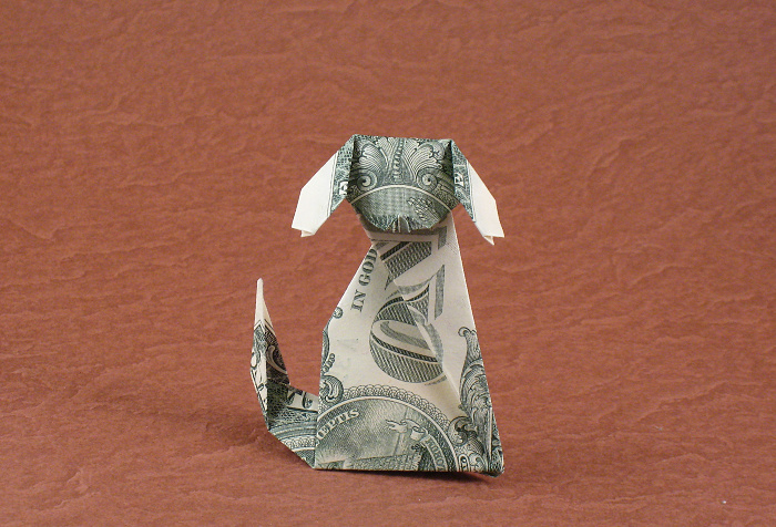 Origami Dog - sitting by Stephen Weiss. Folded from a dollar bill by Gilad Aharoni on giladorigami.com