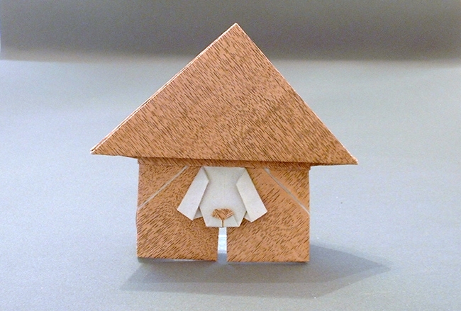 Origami Dog in a doghouse (2D) by Stephen Weiss. Folded by Gilad Aharoni on giladorigami.com